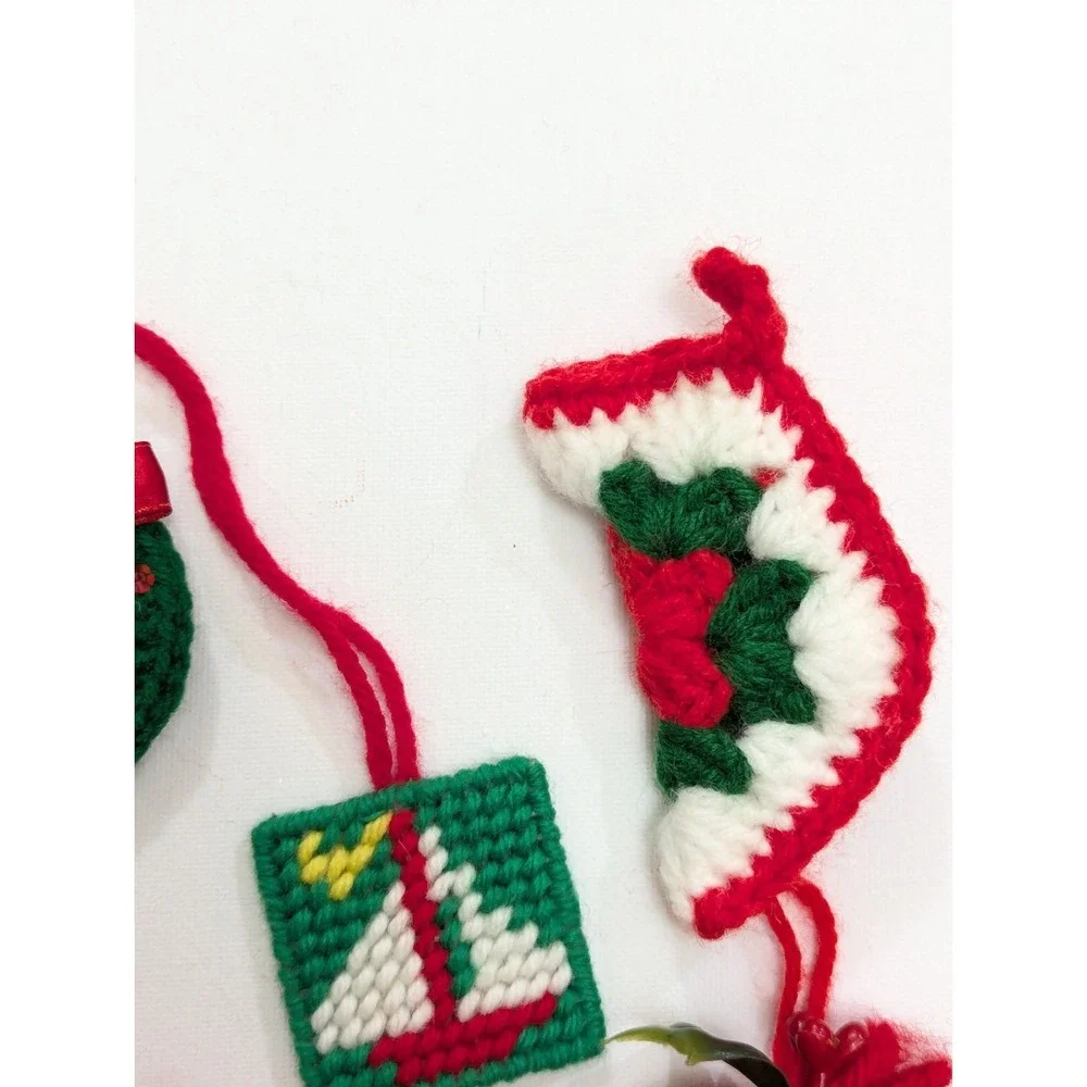 VTG Handmade Christmas Knit Crochet Plastic Canvas Yarn Ornaments Lot Of 7